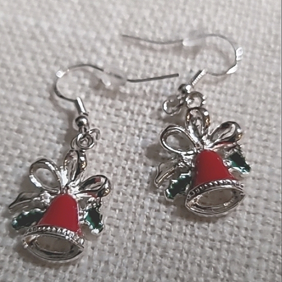 Christmas Bell Holiday Earrings  Red Green Enamel on Silver Ear Wires. NEW - Picture 6 of 7